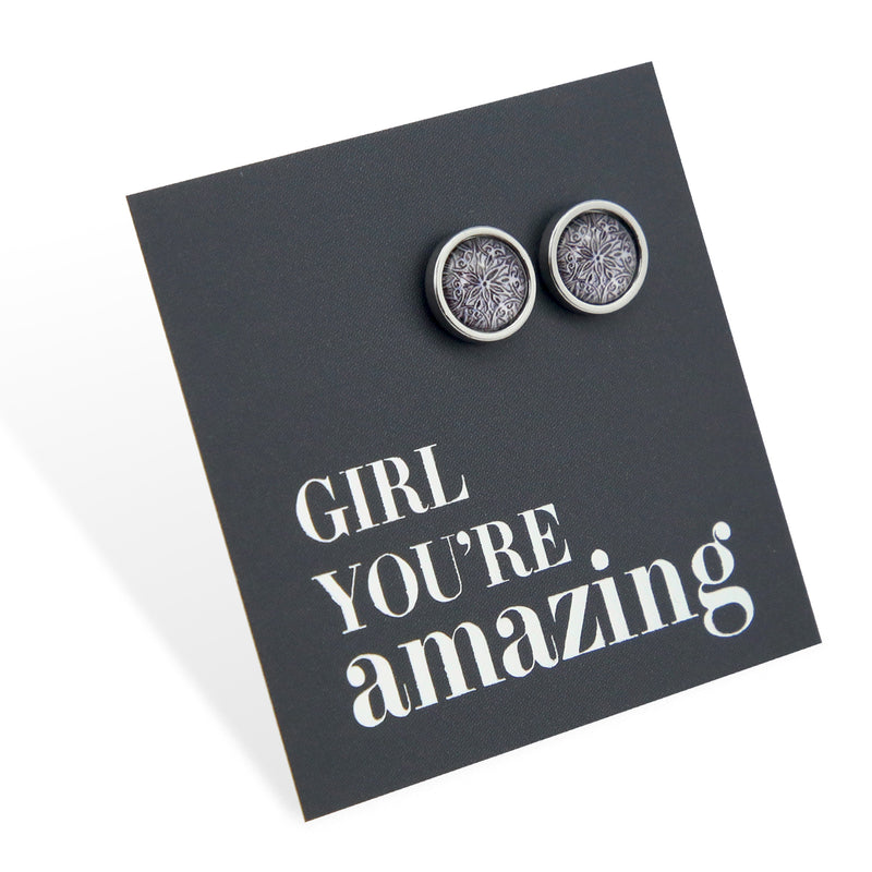 Beautiful silver printed stainless steel circle stud hypoallergenic earrings on girl you are amazing gift cards. 