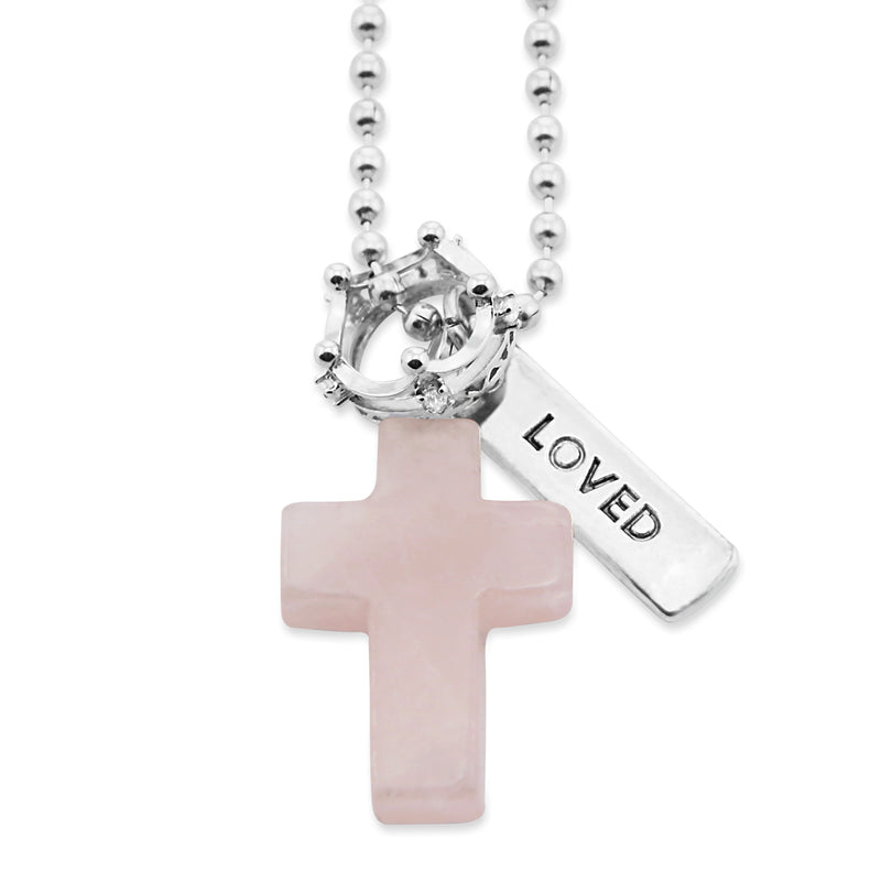 Cross & Crown Necklace - Rose Quartz - With Word Charm