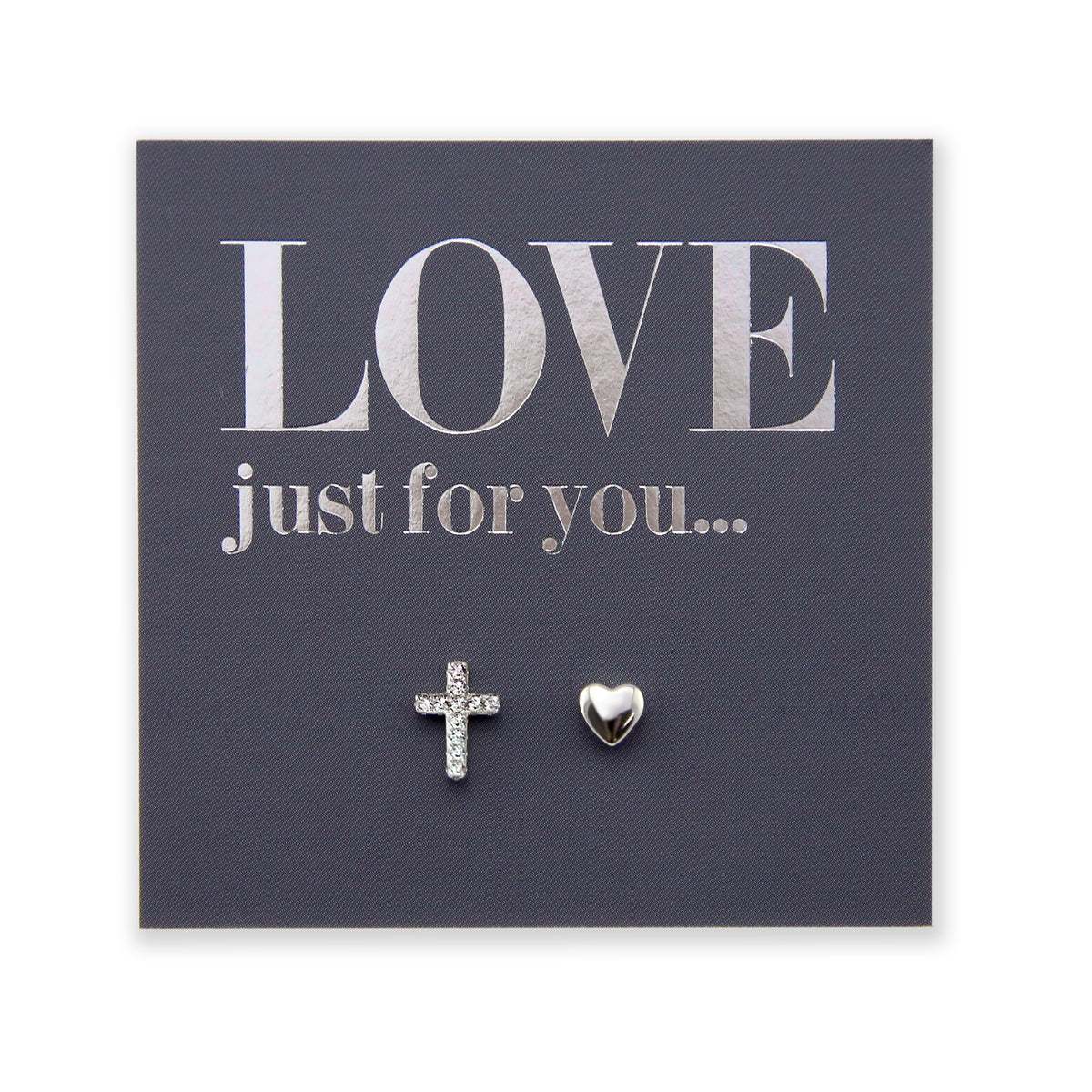 Cross & Heart - Sterling Silver Studs - Love Just For You (11663)