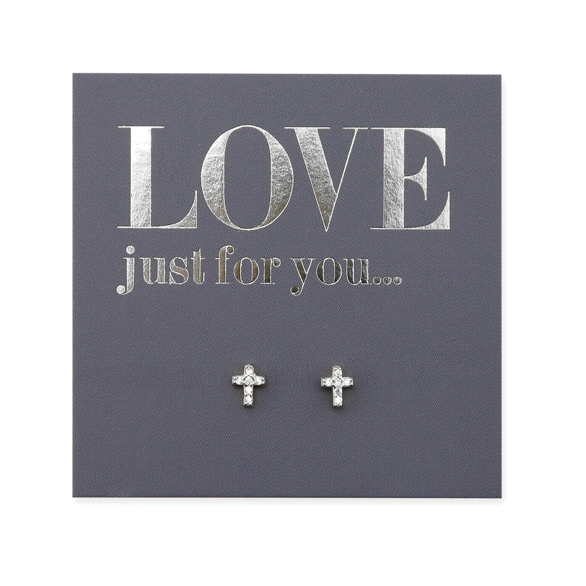 The image shows a pair of sterling silver stud earrings with a tiny cross design, presented on a card with the text 'LOVE JUST FOR YOU.