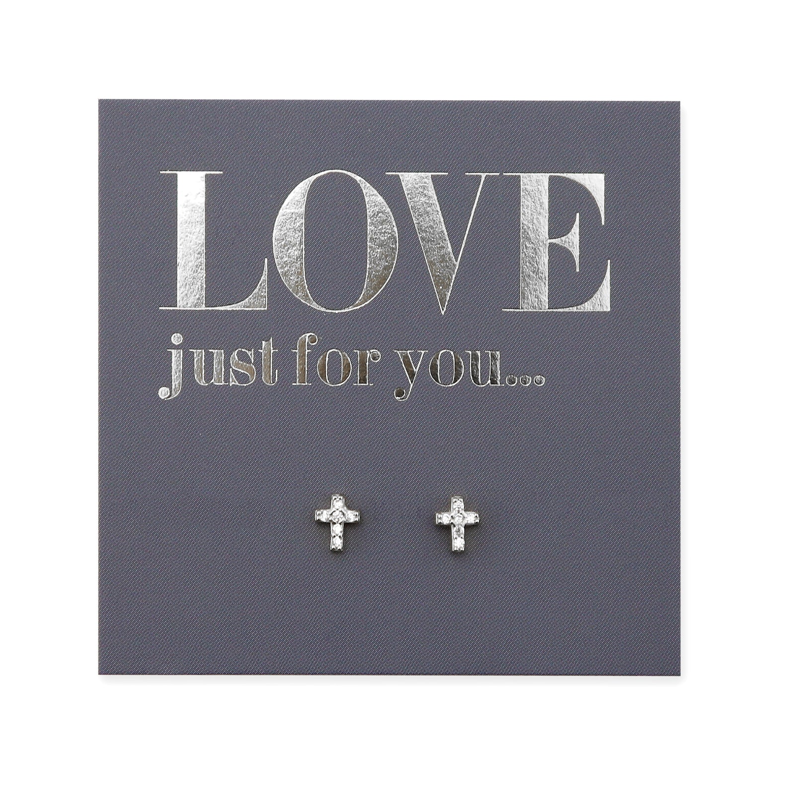 The image shows a pair of sterling silver stud earrings with a tiny cross design, presented on a card with the text 'LOVE JUST FOR YOU.