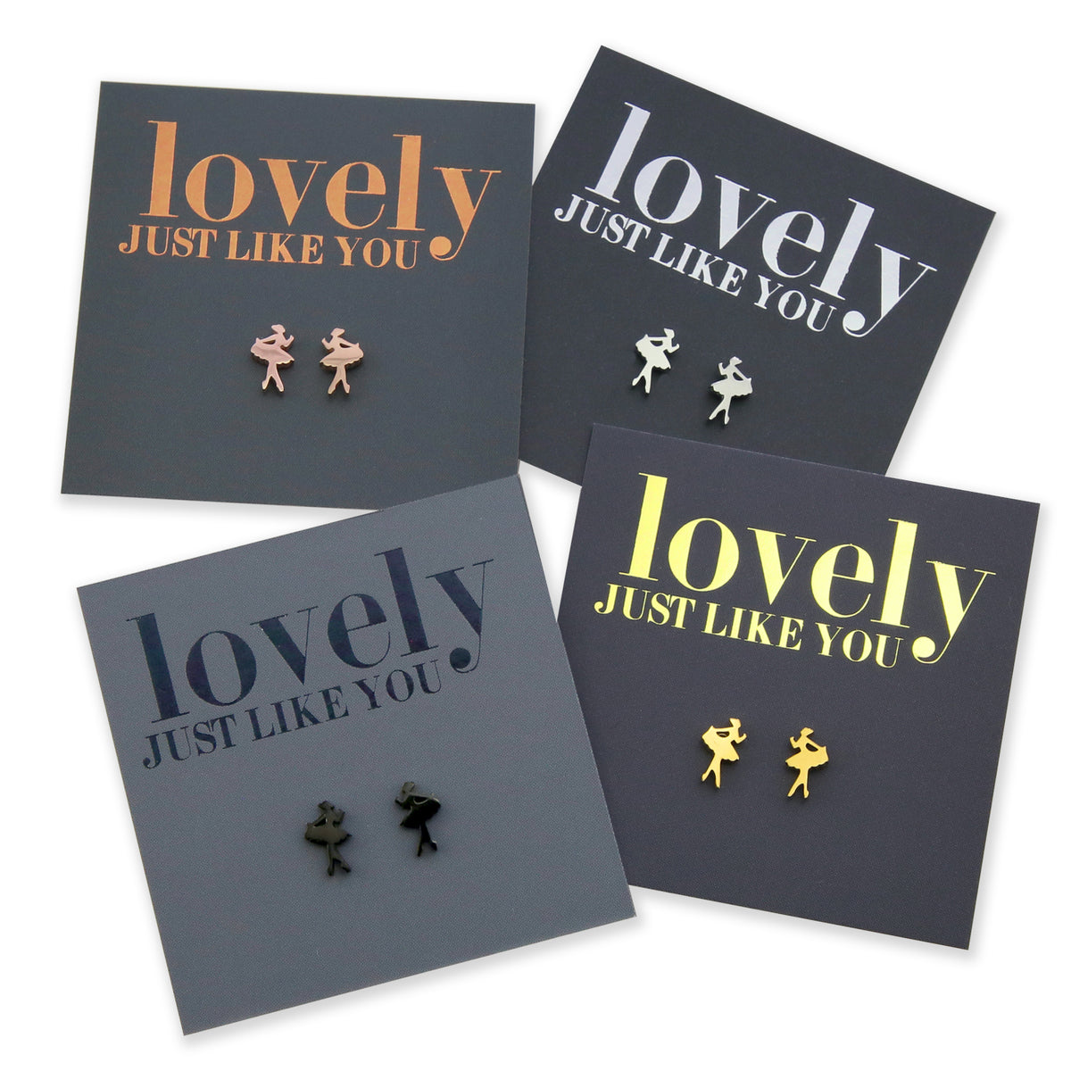 Silver, rose gold, gold and black stainless steel tiny dancer studs on foil lovely just like you card