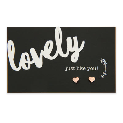Lovely Just Like you. Rose Gold heart earring studs on gift card.