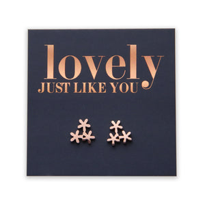 Stainless Steel flower shape earrings. Hypoallergenic studs in Rose Gold, Silver, Black & Gold. Star shaped. Beautiful Gifts by Sister and Soul. Foil feature gift card Girl you are amazing.