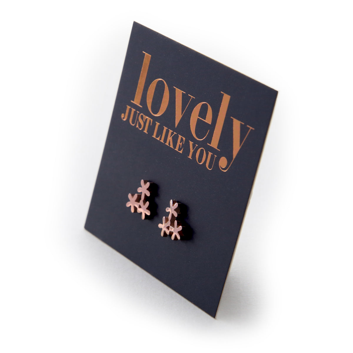 Stainless Steel flower shape earrings. Hypoallergenic studs in Rose Gold, Silver, Black & Gold. Star shaped. Beautiful Gifts by Sister and Soul. Foil feature gift card Girl you are amazing.