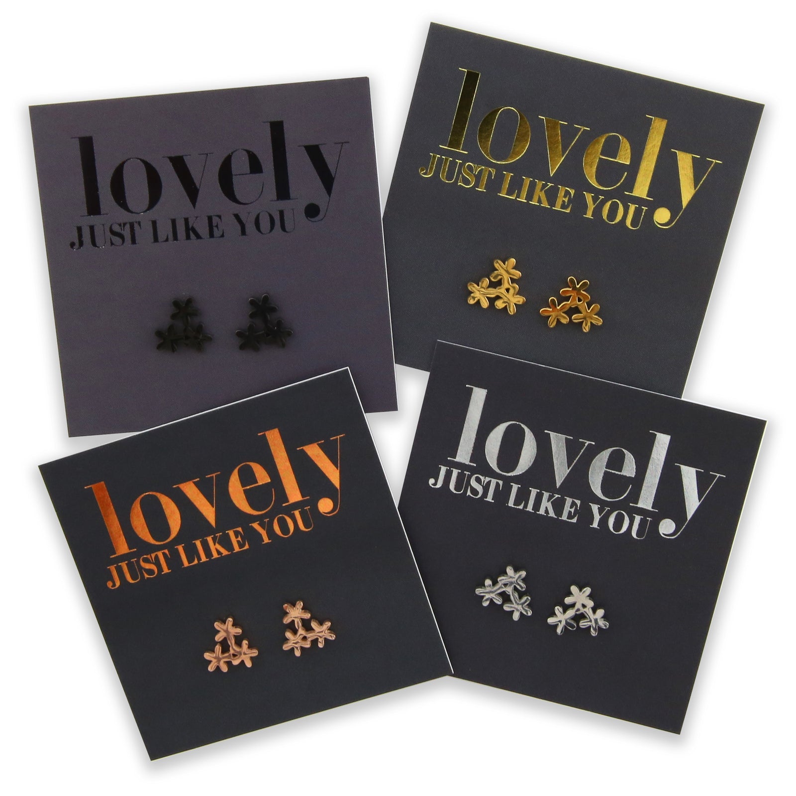 Stainless Steel flower shape earrings. Hypoallergenic studs in Rose Gold, Silver, Black & Gold. Star shaped. Beautiful Gifts by Sister and Soul. Foil feature gift card Girl you are amazing.