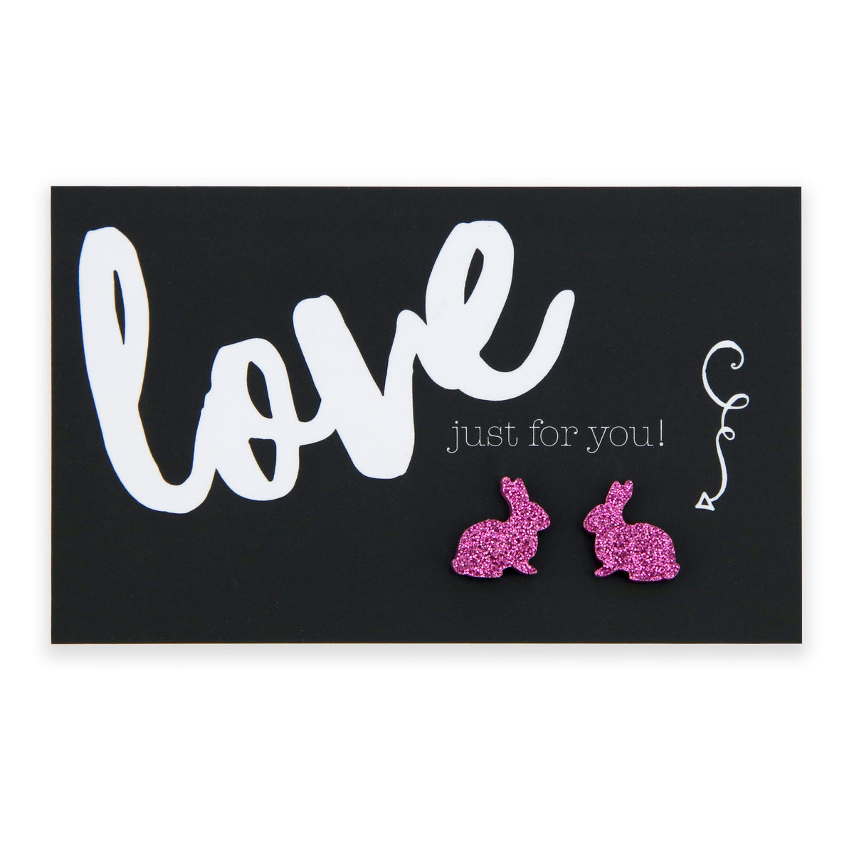 A pair of pink glitter acrylic bunny stud earrings on a black background with the words 'love just for you' written in white cursive.