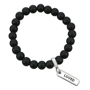 Black onyx stone bead bracelet with silver meaningful charm. 