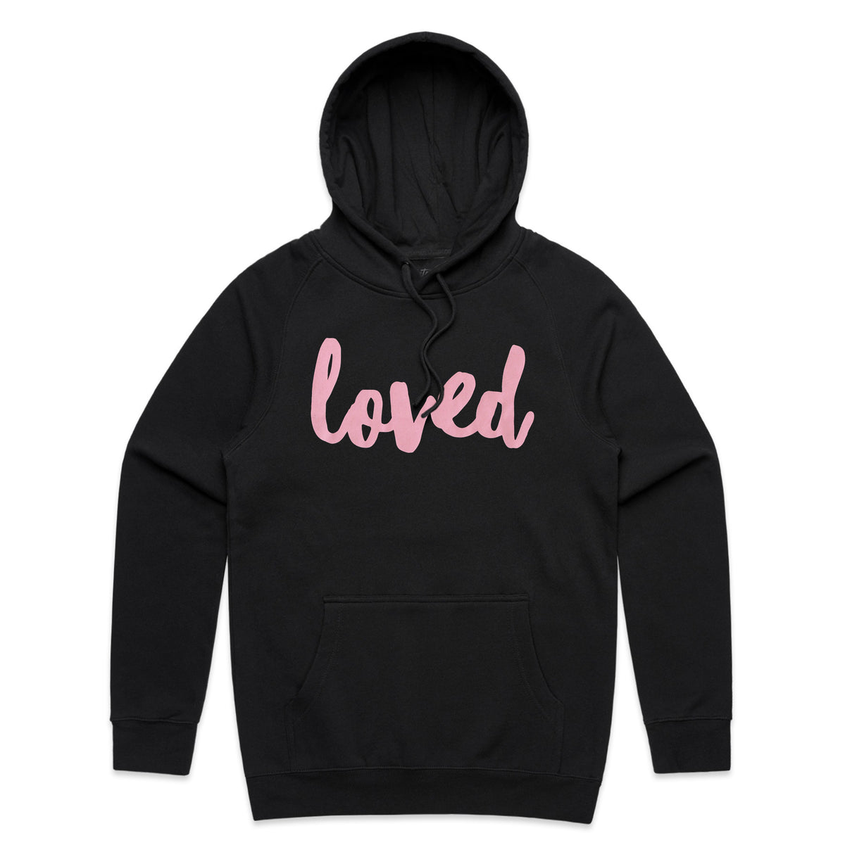Loved HOODIE - Black with Dusty Blush Pink Print