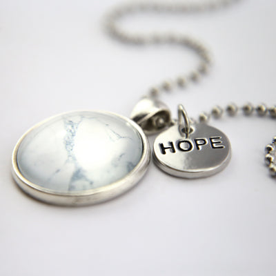 White Marble Print HOPE Pendant Necklace with word charm, Vintage Silver coloured jewellery. Gifts for friends, teachers and soul sisters. Sister & Soul jewellery is the perfect choice to spoil someone you love.