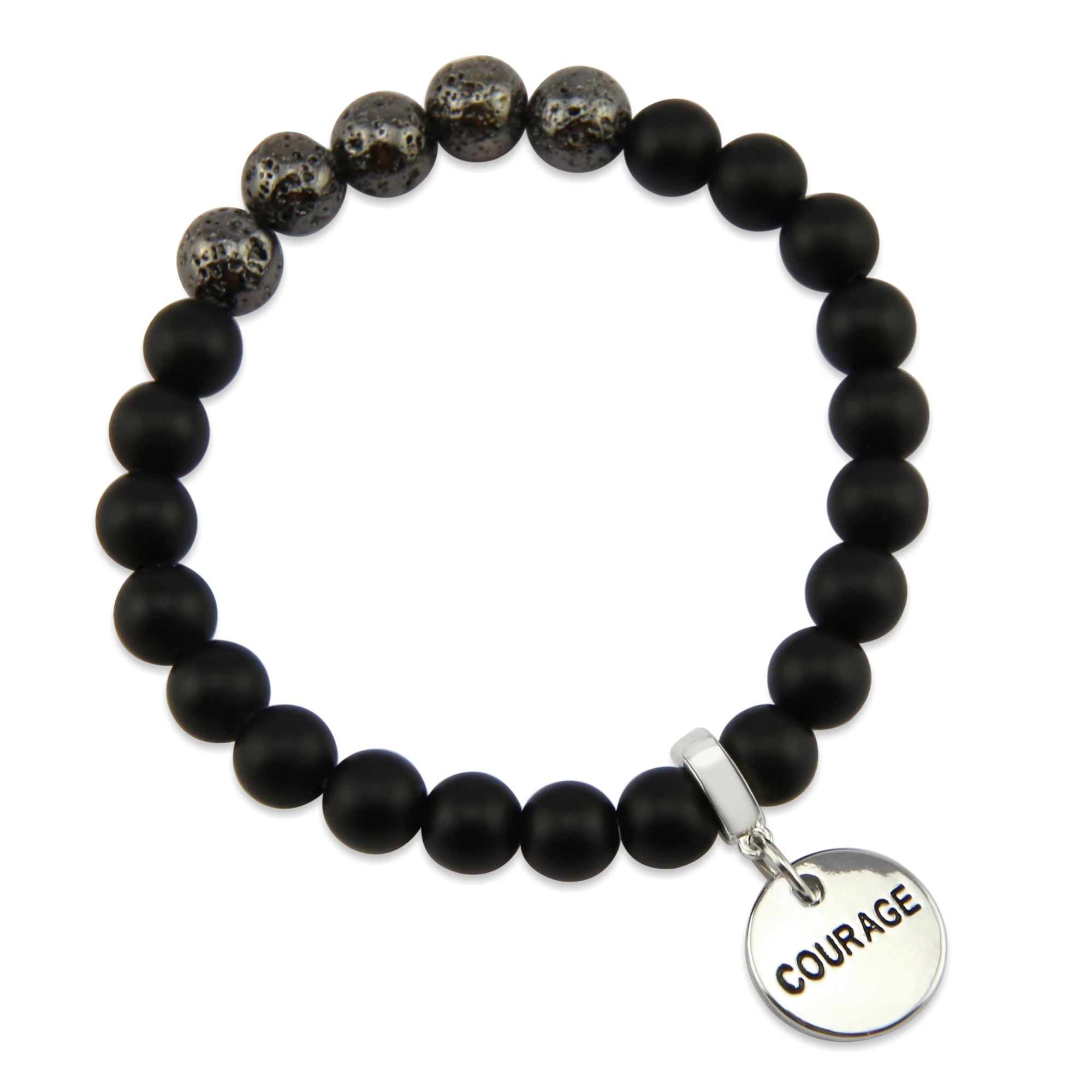Lava Stone Bracelet -  8mm Matt Black Onyx + Metallic Lava Stone beads - with Silver Word Charm