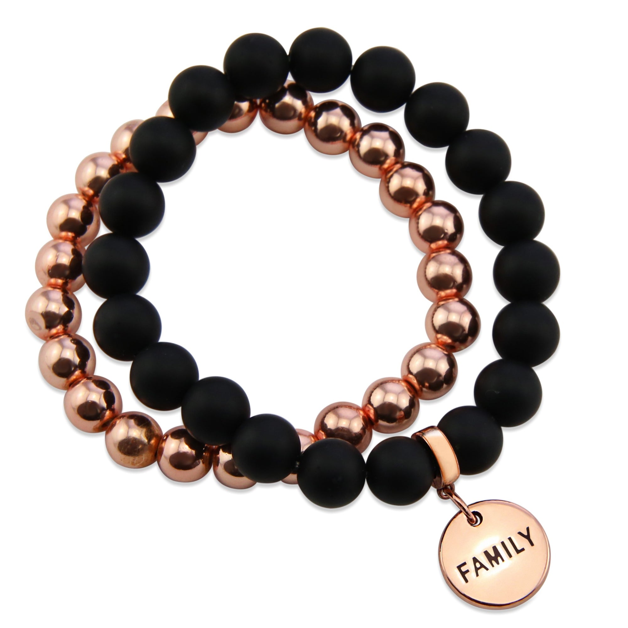 Stone Bead Bracelet Duo. Matt Black Onyx stone with rose gold clip and COURAGE word charm with rose gold hematite stacker bracelet. 