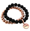 Stone Bead Bracelet Duo. Matt Black Onyx stone with rose gold clip and COURAGE word charm with rose gold hematite stacker bracelet.