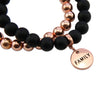 Stone Bead Bracelet Duo. Matt Black Onyx stone with rose gold clip and COURAGE word charm with rose gold hematite stacker bracelet.
