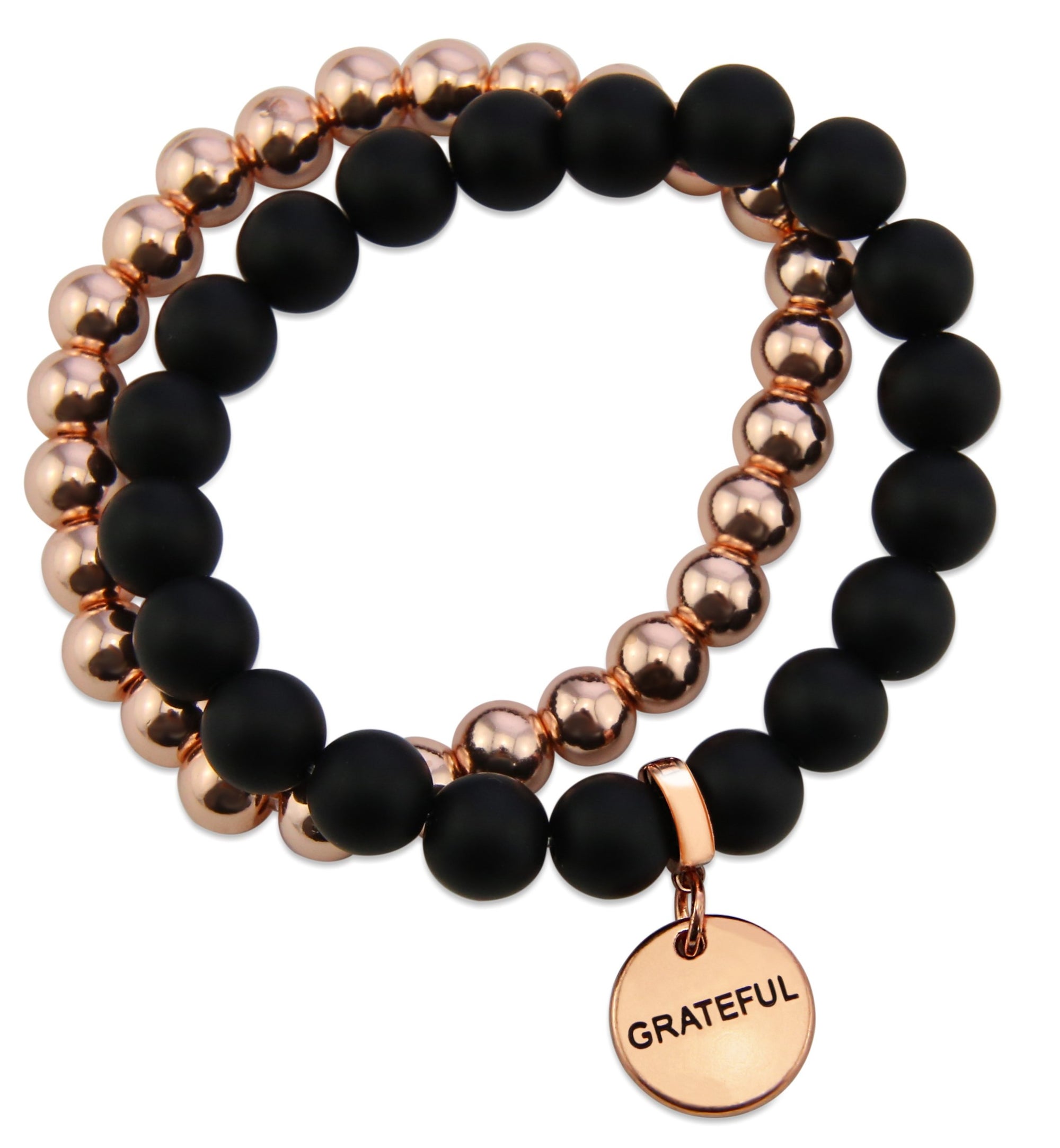 Stone Bead Bracelet Duo. Matt Black Onyx stone with rose gold clip and GRATEFUL word charm with rose gold hematite stacker bracelet. 