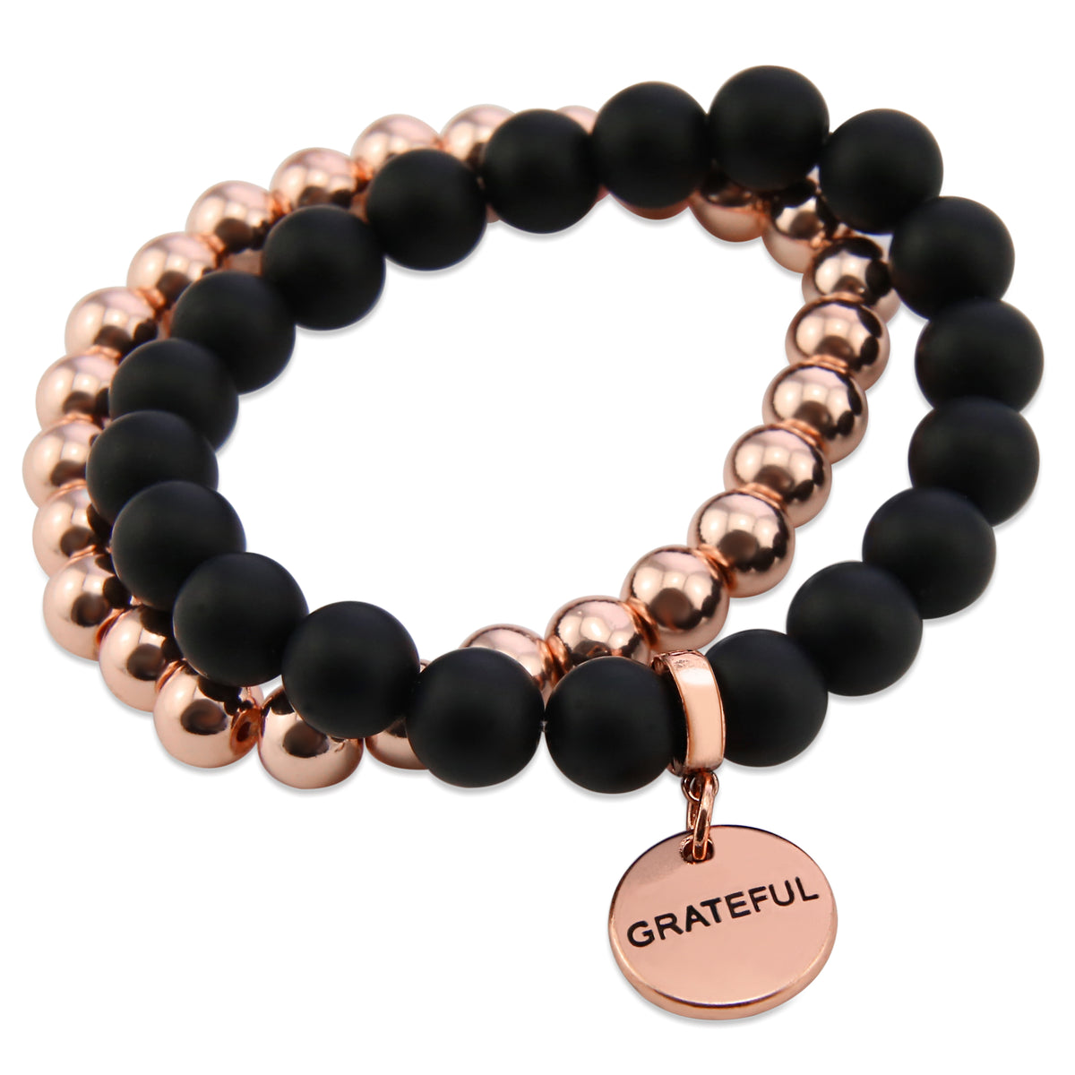 Stone Bead Bracelet Duo. Matt Black Onyx stone with rose gold clip and GRATEFUL word charm with rose gold hematite stacker bracelet. 