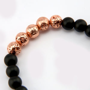 8mm Matt Black Onyx + Rose Gold Lava Stone beads - with Rose Gold Word Charm