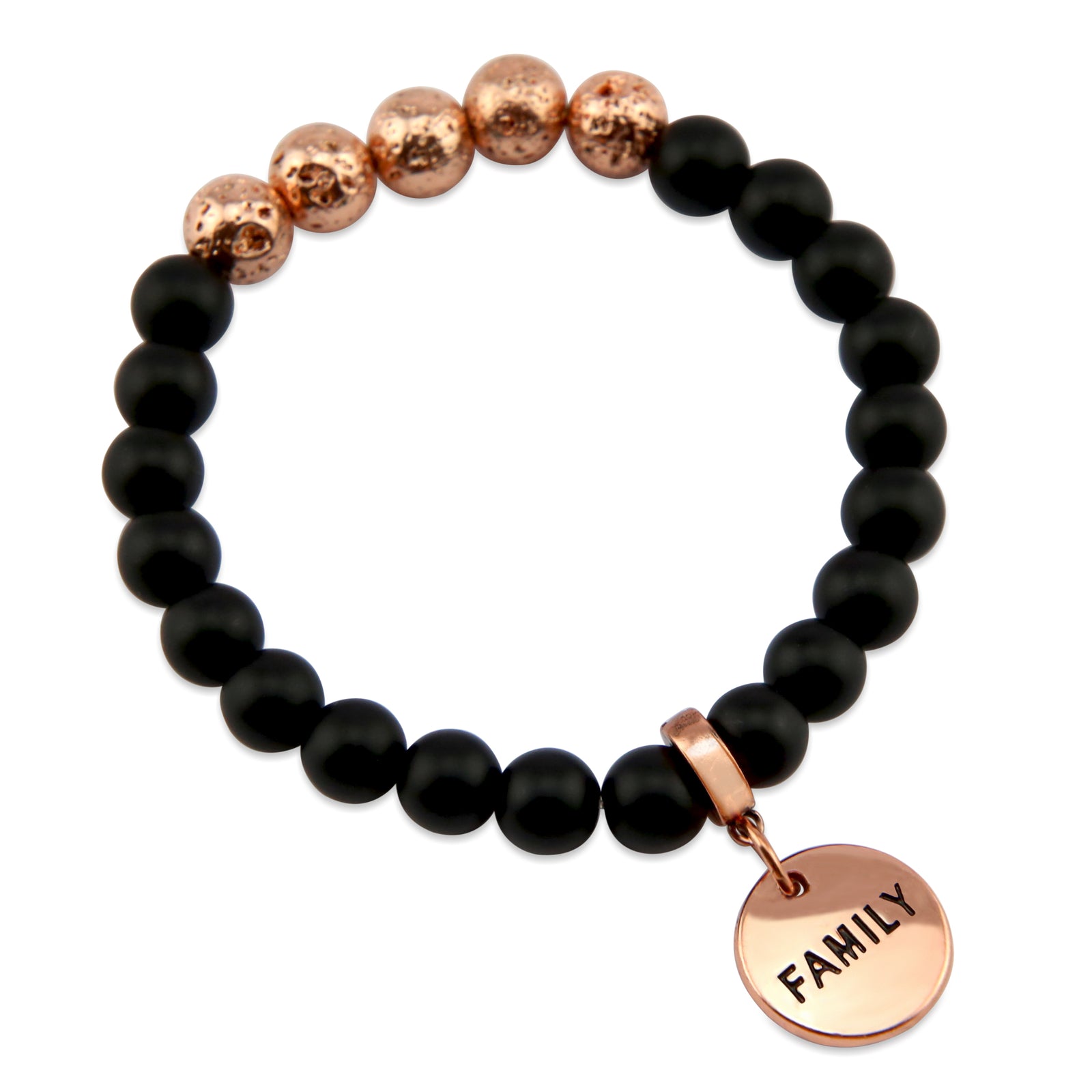 Lava Stone Bracelet -  8mm Matt Black Onyx + Rose Gold Lava Stone beads - with Rose Gold Word Charm