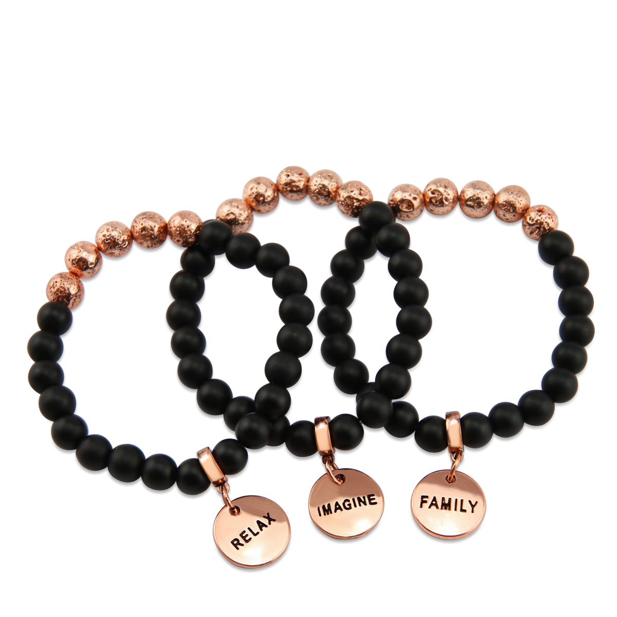 8mm Matt Black Onyx + Rose Gold Lava Stone beads - with Rose Gold Word Charm