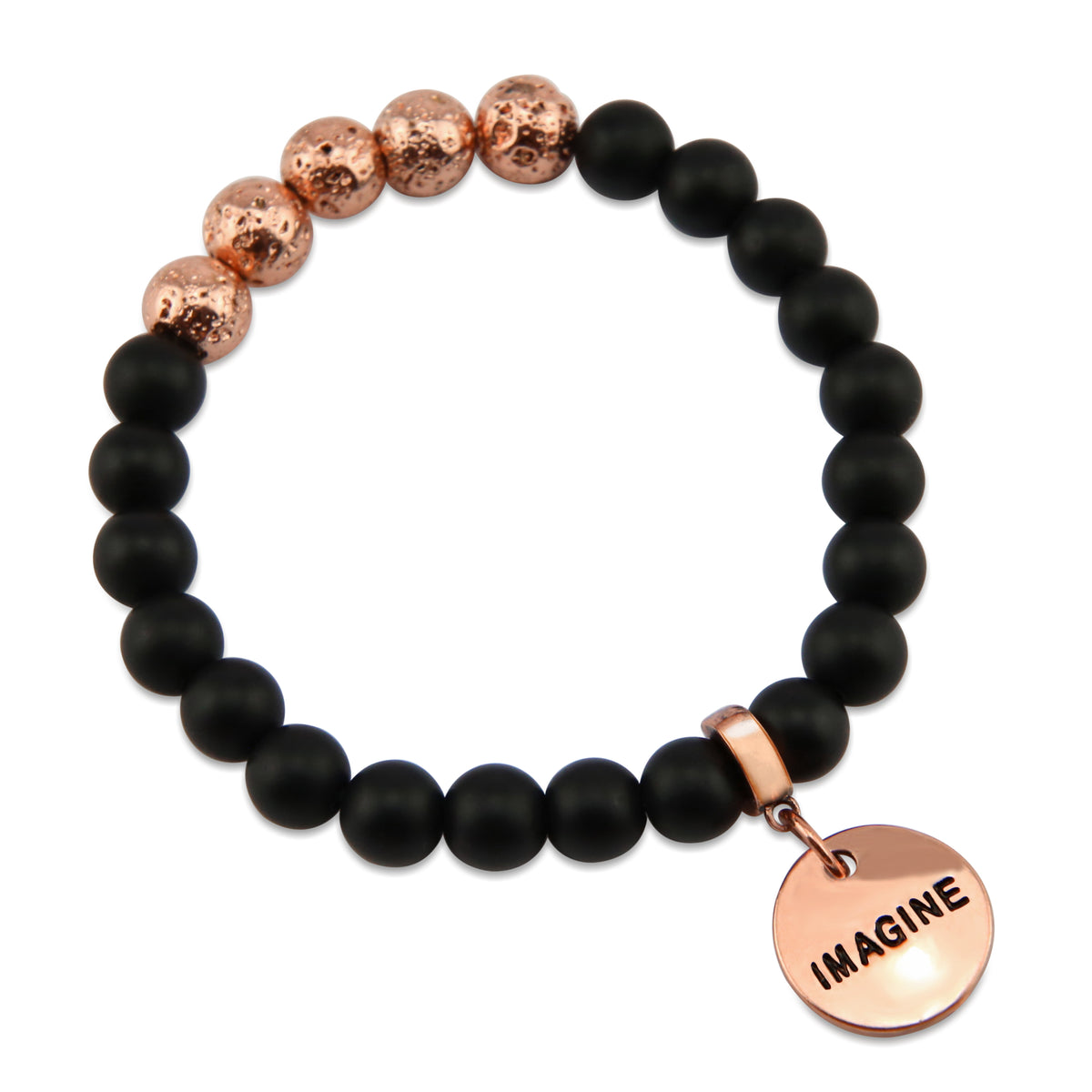 8mm Matt Black Onyx + Rose Gold Lava Stone beads - with Rose Gold Word Charm