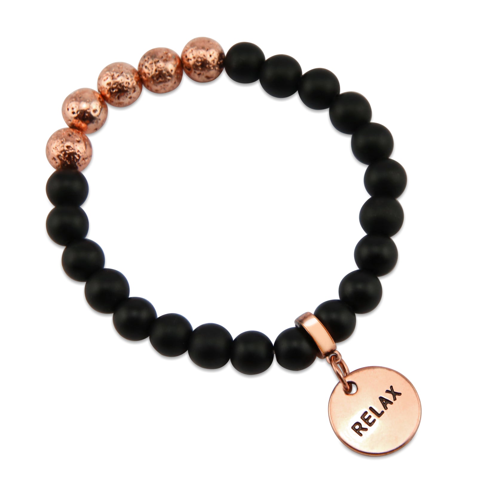 8mm Matt Black Onyx + Rose Gold Lava Stone beads - with Rose Gold Word Charm