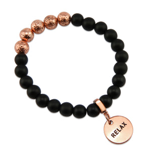 8mm Matt Black Onyx + Rose Gold Lava Stone beads - with Rose Gold Word Charm