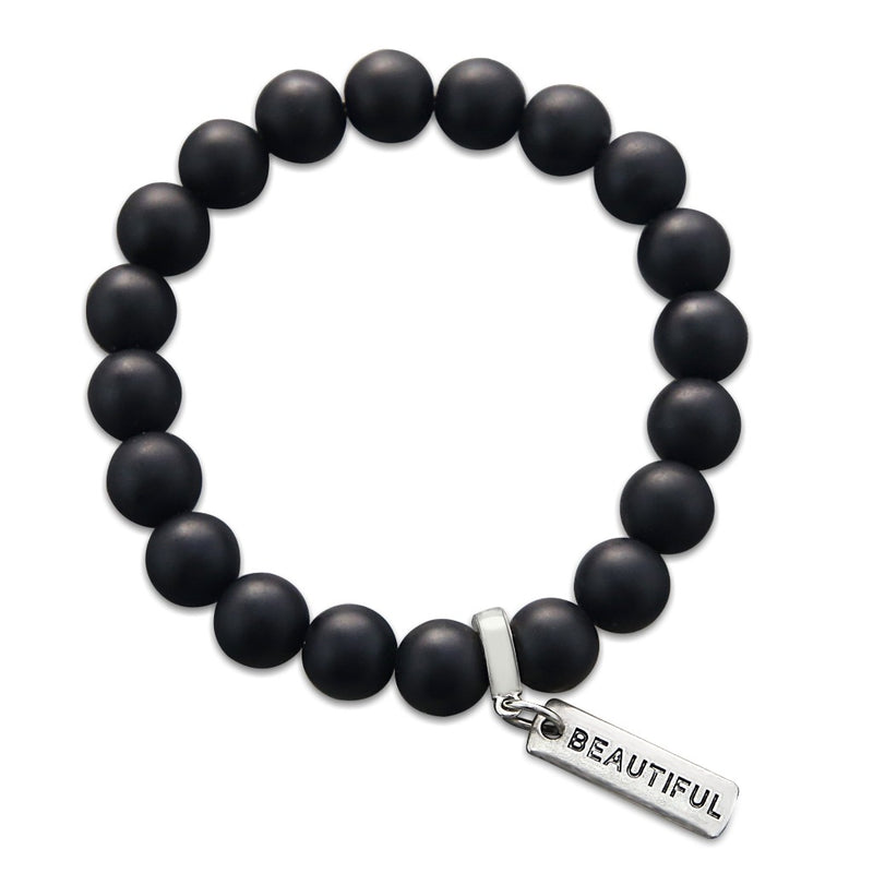 Stone Bracelet - Matt Black Onyx Large 10mm Beads - with Word Charms