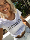 Grateful Tee - White Scoopy - Charcoal Shimmer Print
