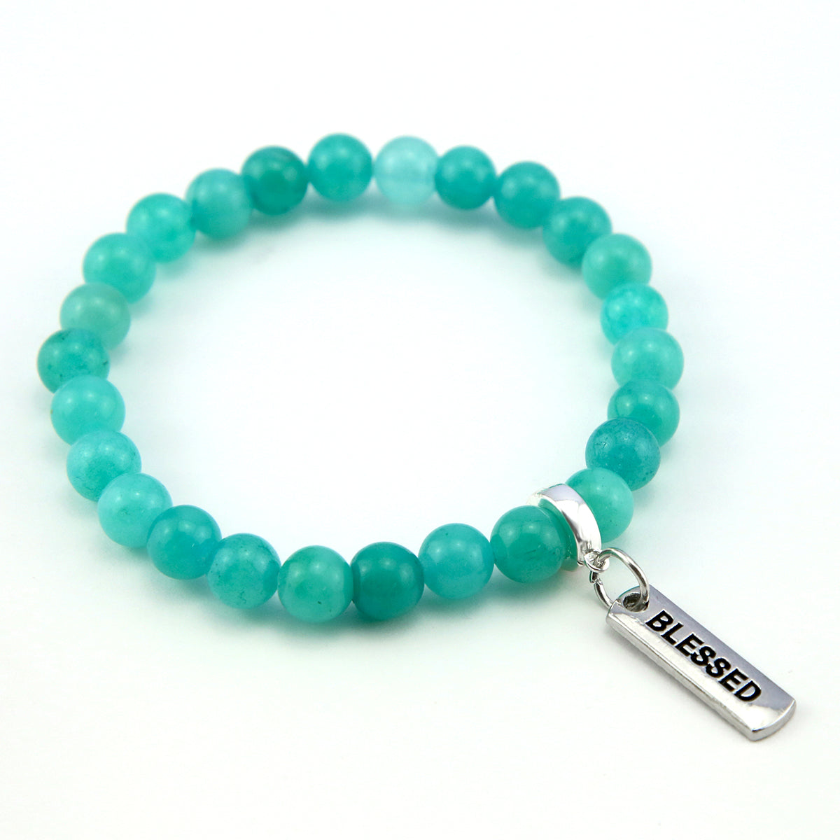 Stone Bracelet - Deep Ocean Jade 8mm Beads - With Silver Word Charm