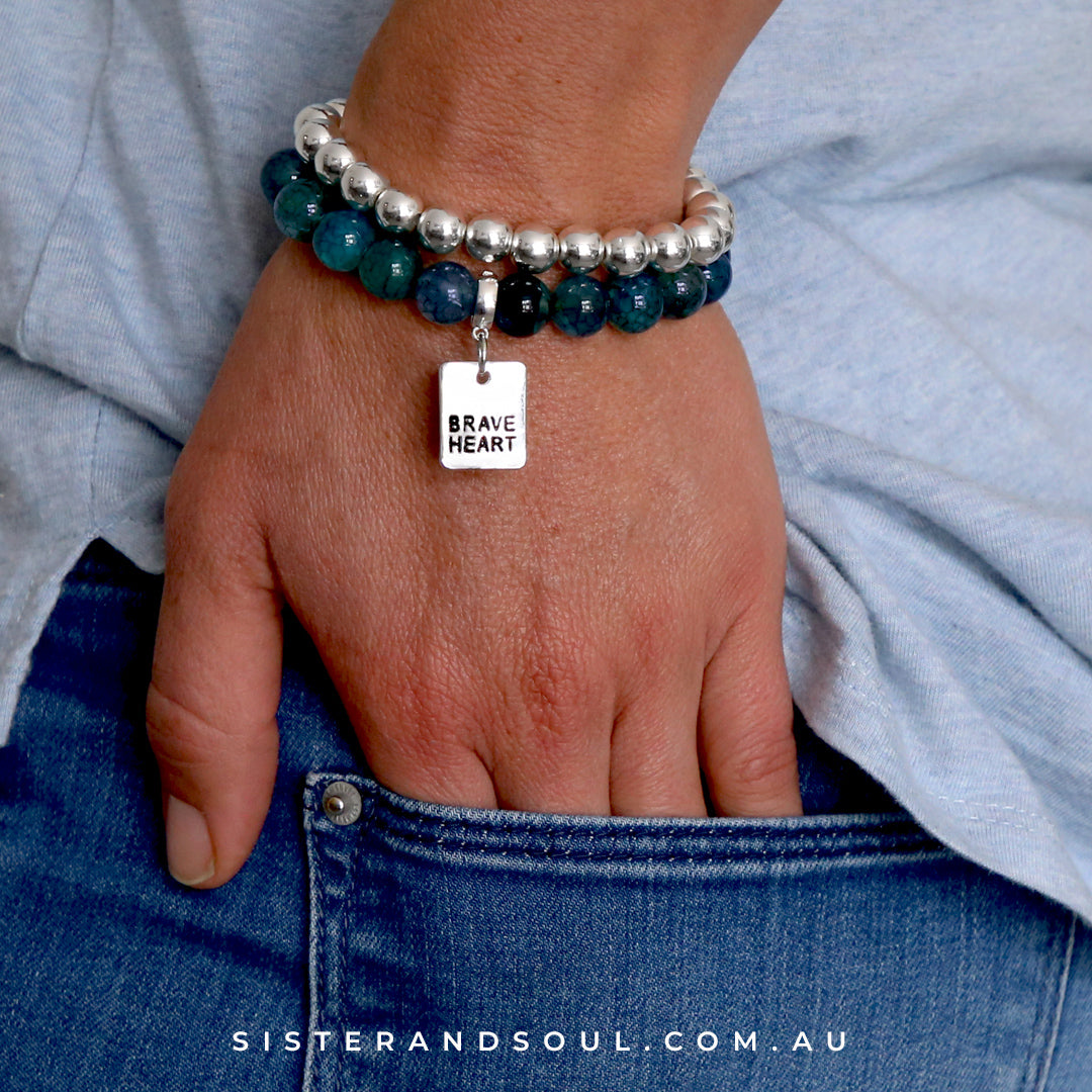 Bracelet Duo! 10mm Oceans Teal Tourmaline & 8mm Silver bead bracelet stacker set - BRAVE HEART (10831)