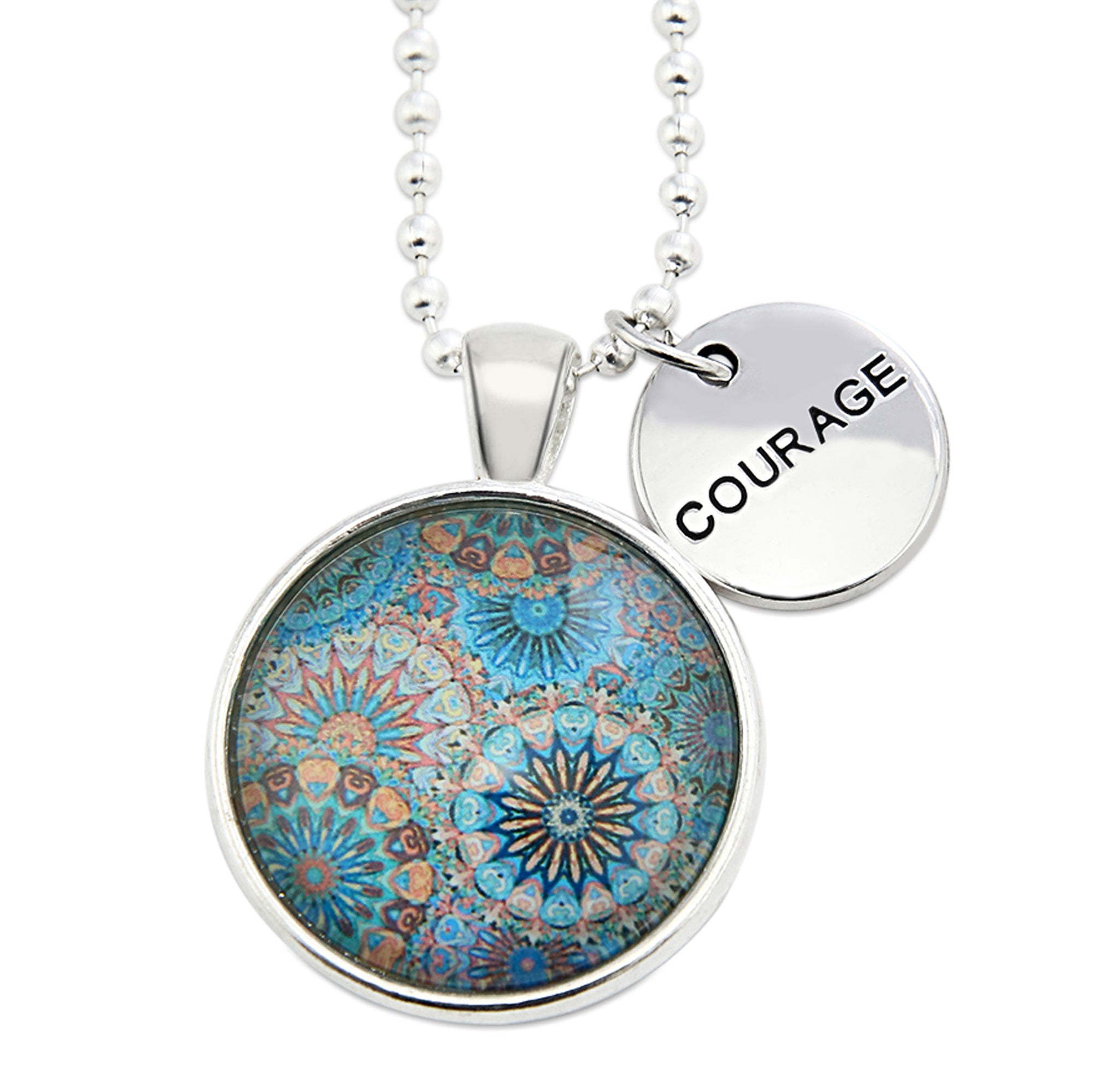 Teal print mandala pendant necklace in bright silver with courage charm. 