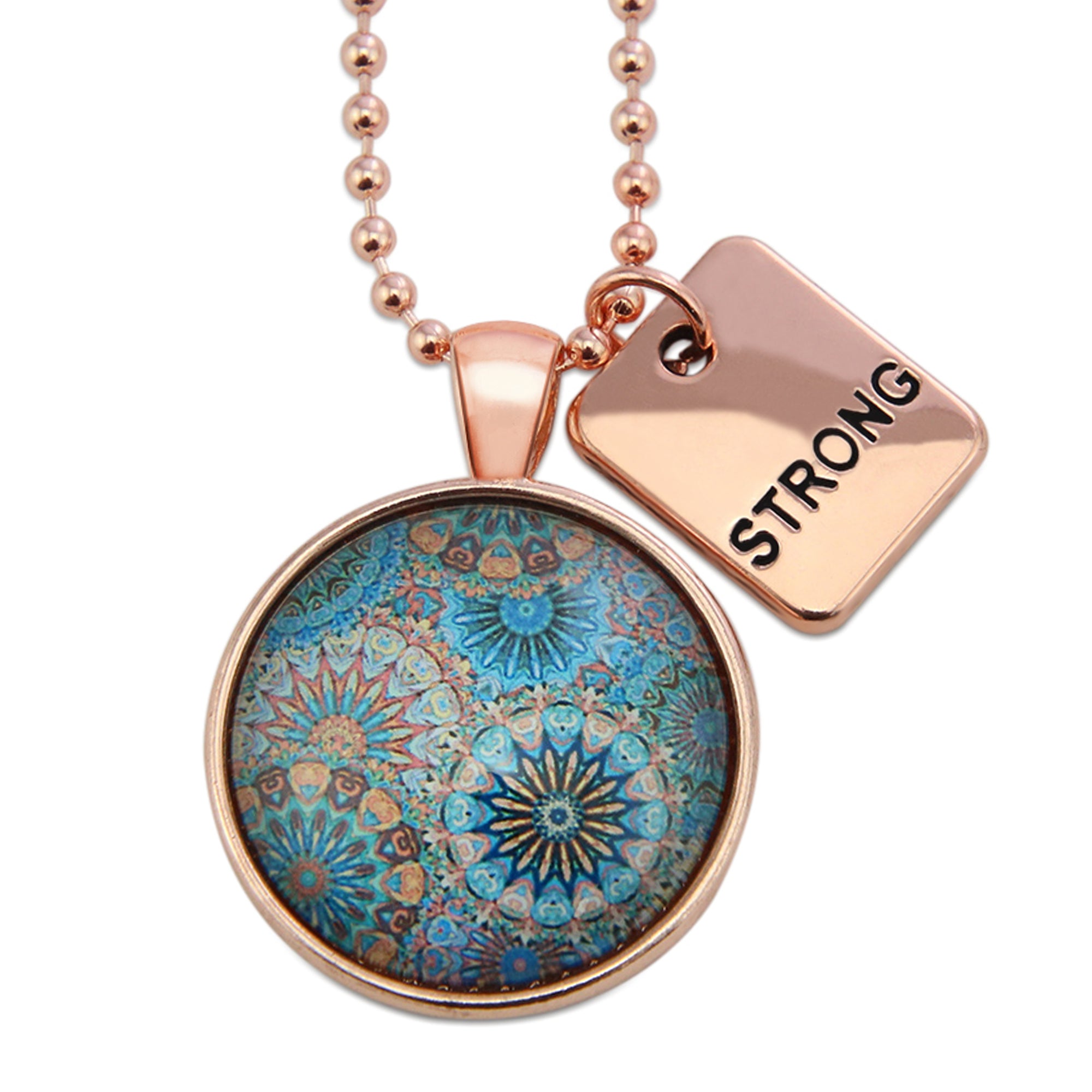 Teal mandala print rose gold pendant necklace with grateful charm. 