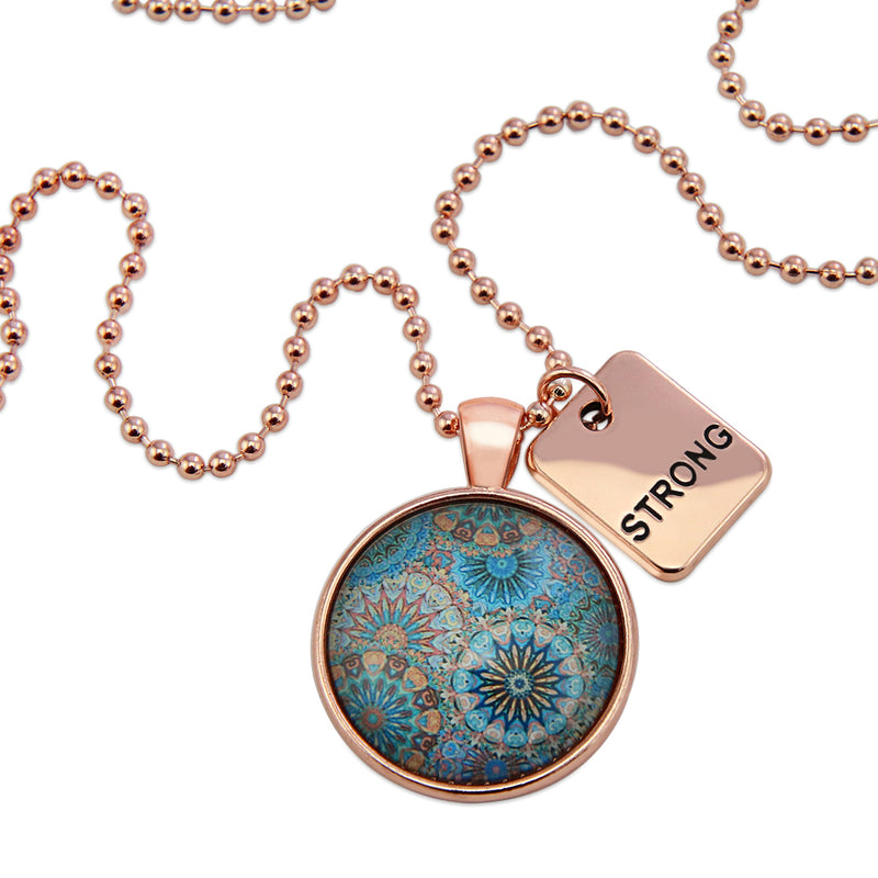 Teal mandala print rose gold pendant necklace with grateful charm. 