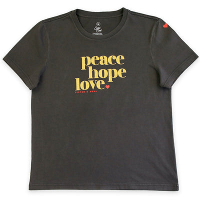 Peace Hope Love - Boxy Tee - Washed Look Black with Gold Glitter Print