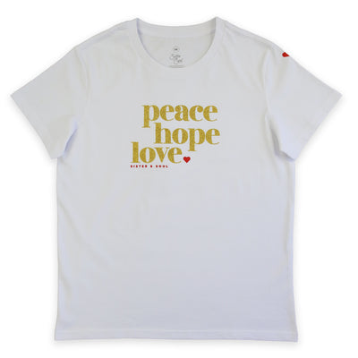 Peace Hope Love - Boxy Tee - White with Gold Glitter Print