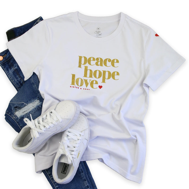 Peace Hope Love - Boxy Tee - White with Gold Glitter Print