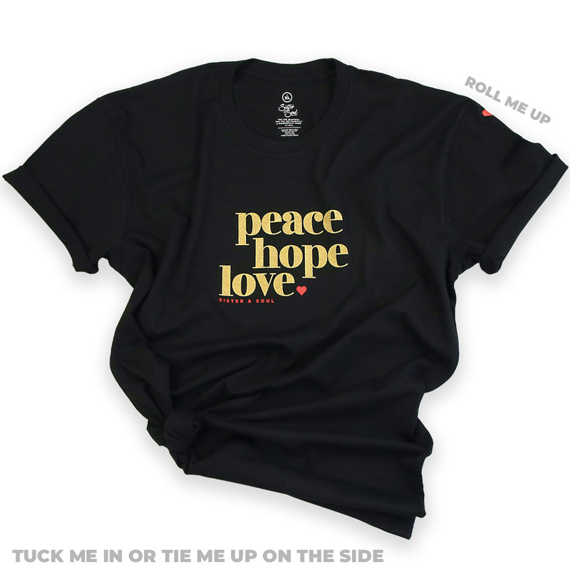 Peace Hope Love - Plus Size Long Boxy Tee - Black with Gold Glitter Print