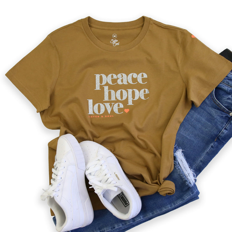 Peace Hope Love - Boxy Tee - Camel with Silver Glitter Print