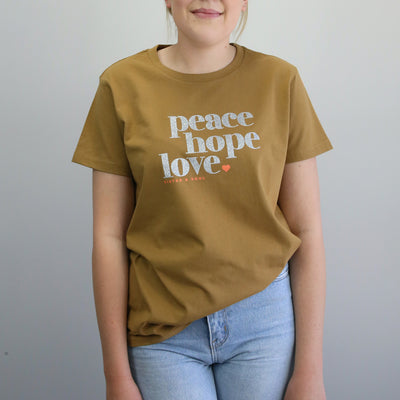 Peace Hope Love - Boxy Tee - Camel with Silver Glitter Print