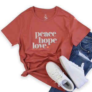 Peace Hope Love - Boxy Tee - Coral with Silver Glitter Print