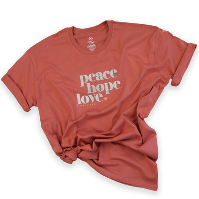 Peace Hope Love -  Plus Size Long Boxy Tee - Dusted Coral with Silver Glitter Print