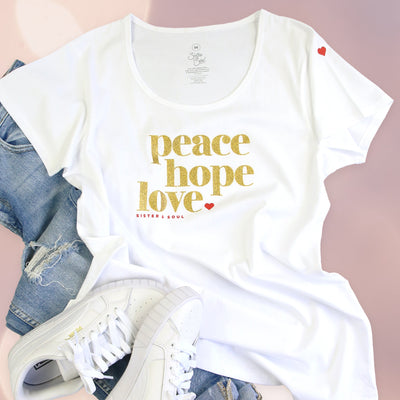 Peace Hope Love - Scoopy Tee - White with Gold Glitter Print