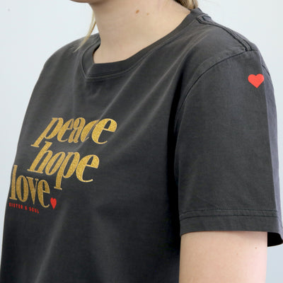 Peace Hope Love - Boxy Tee - Washed Look Black with Gold Glitter Print