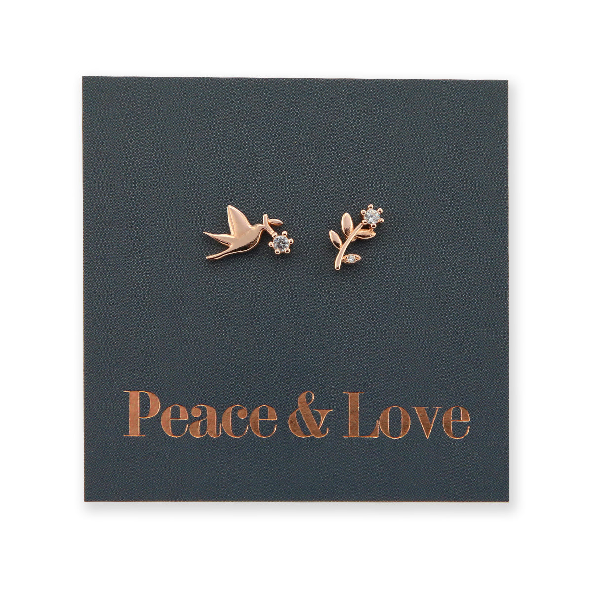 Dove + Branch - 18k Rose Gold Plated Sterling Silver + CZ - Peace + Love (8815-R)
