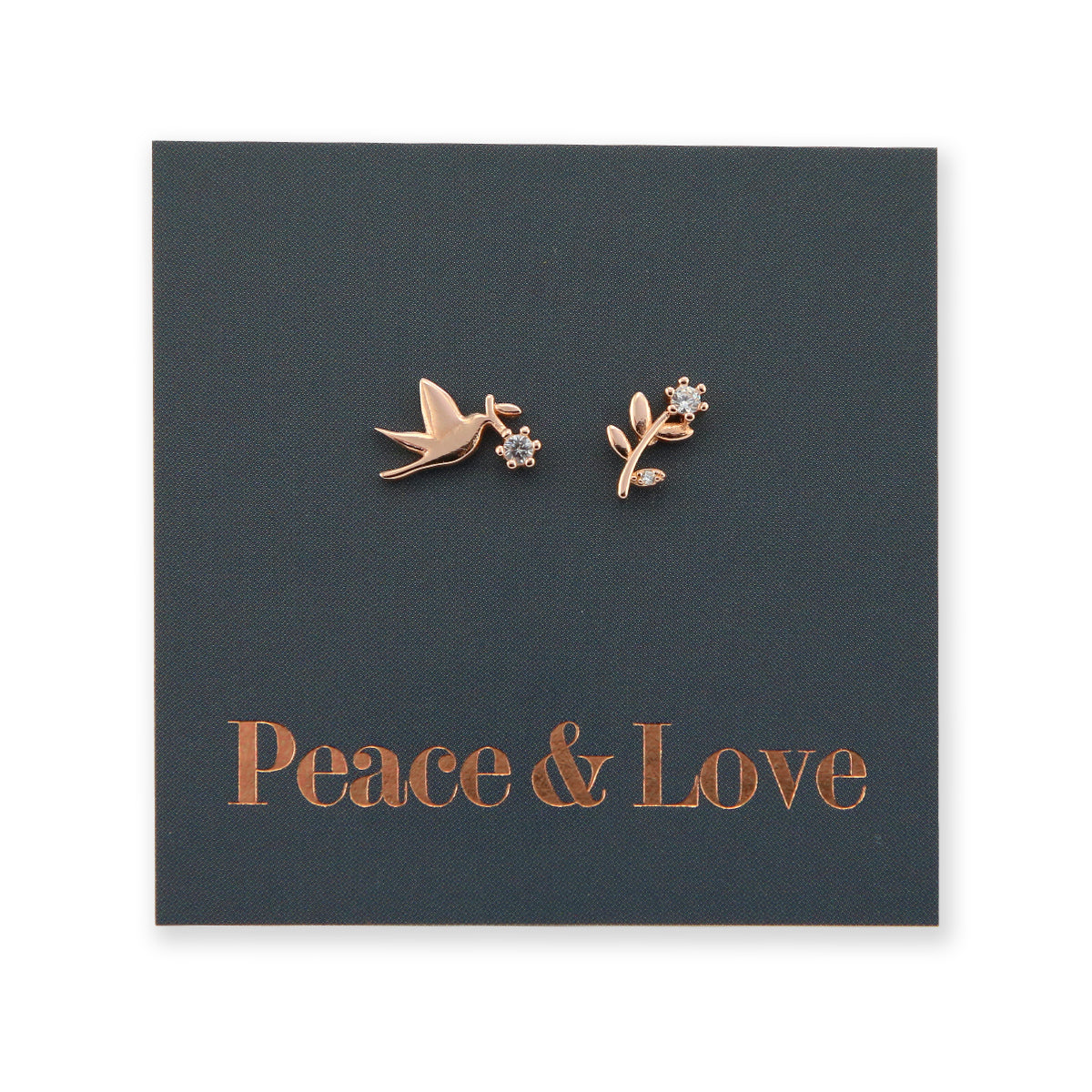 Dove + Branch Studs - Rose Gold Sterling Silver + CZ - Peace + Love (8815-R)