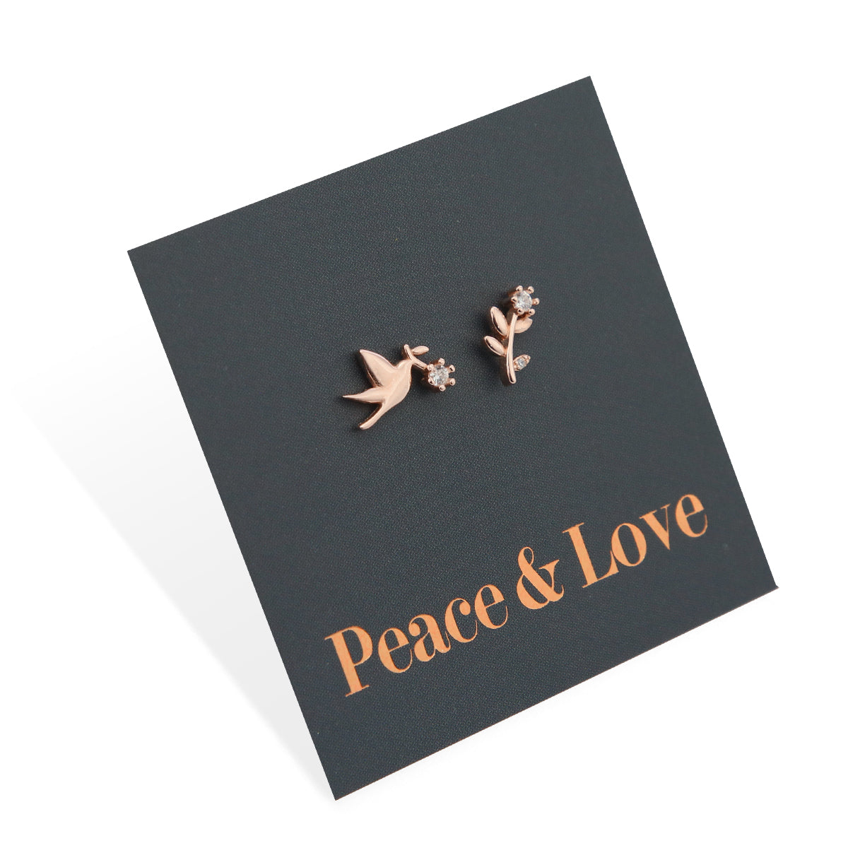 Dove + Branch - 18k Rose Gold Plated Sterling Silver + CZ - Peace + Love (8815-R)