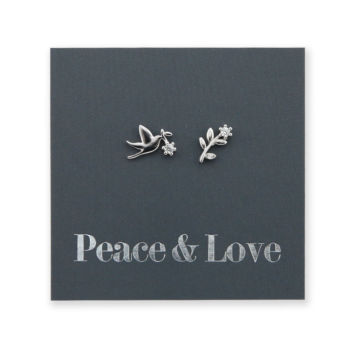 Dove + Branch - Sterling Silver Studs + CZ - Peace + Love (8215-R)