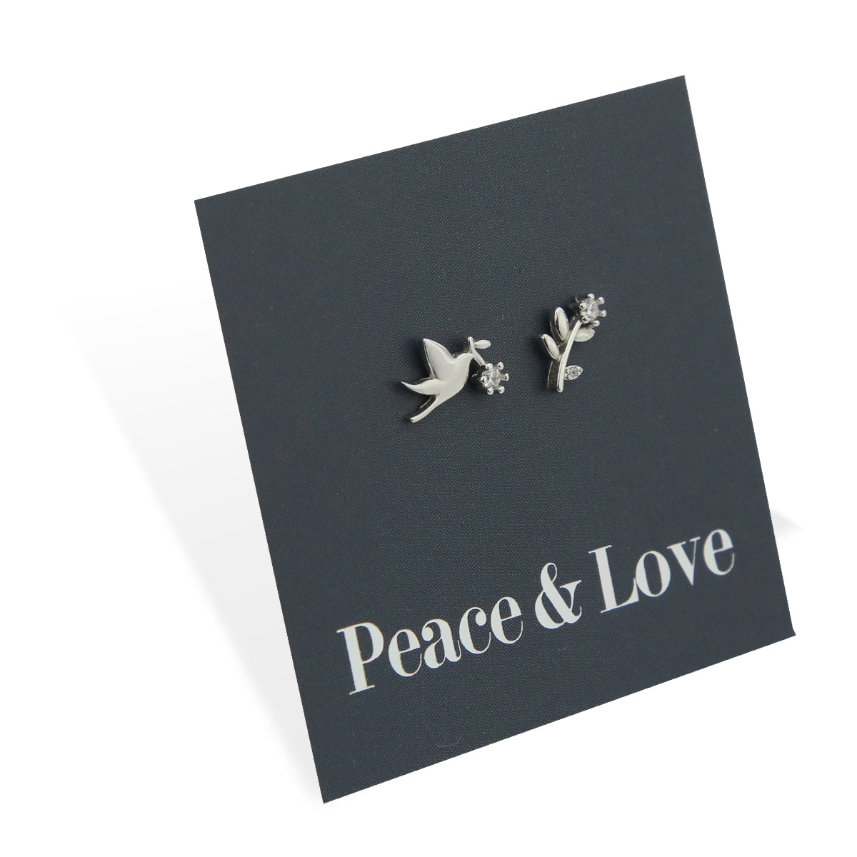 Dove + Branch - Sterling Silver Studs + CZ - Peace + Love (8215-R)