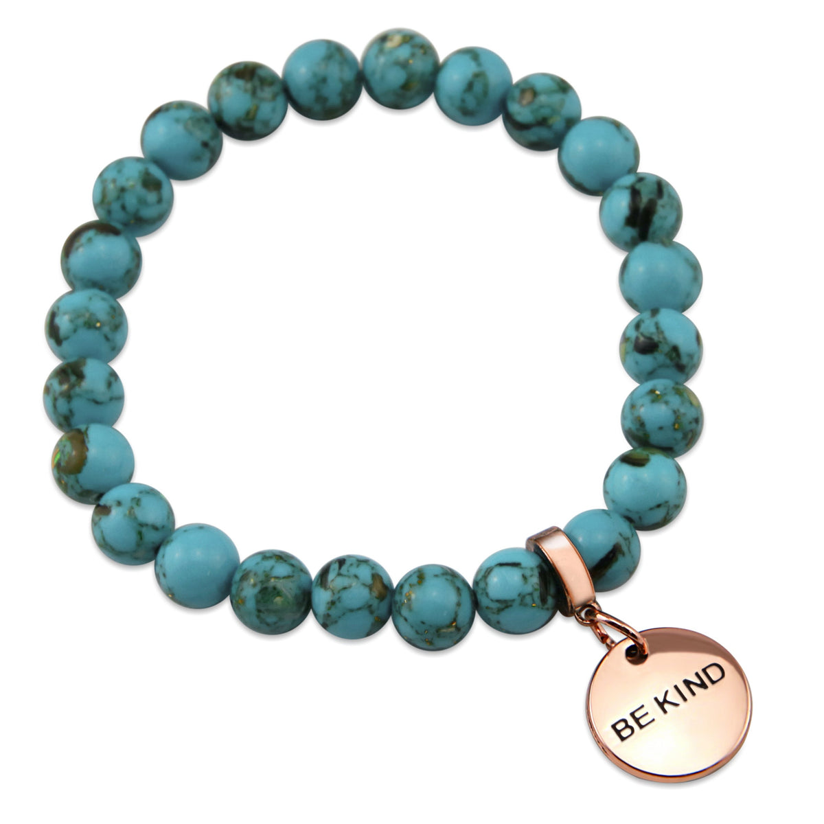 Teal coloured stone bracelet with word charm and rose gold clip. 