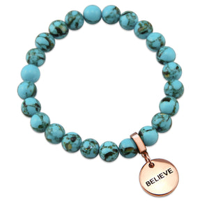 Teal coloured stone bracelet with word charm and rose gold clip. 
